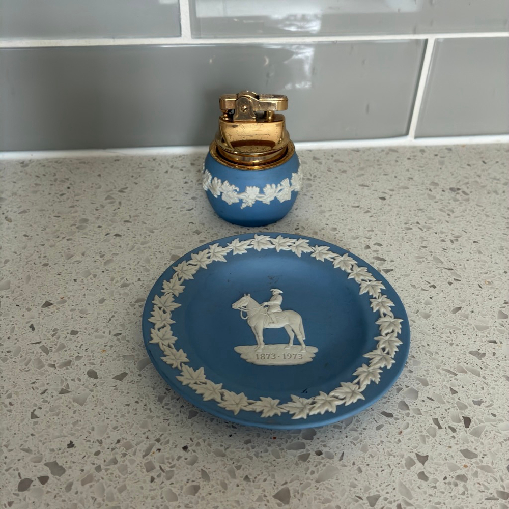 Wedgwood Jasperware Blue Trinket Dish & Lighter Set – 1873–1973 – Vintage Englan